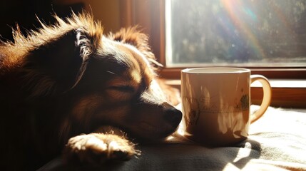 Dog Napping in Sunlight Beside Coffee Mug, Peaceful Morning Scene.
