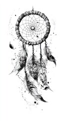 Dreamcatcher Ink Illustration: Intricate Web, Feathers, and Splatters on White Background