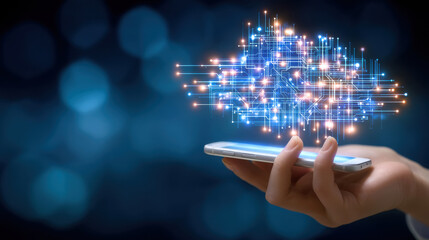 Hand holding smartphone with glowing cloud network and circuit lights, digital connection and data visualization