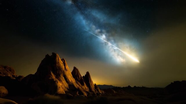 night sky filled with brilliant stars and a bright Milky Way galaxy arching overhead above a serene rocky desert landscape, tall rugged rock formations silhouetted again