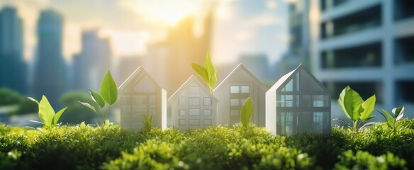 Eco-Friendly Housing Concept: Miniature Houses with Green Sprouts Against Urban Backdrop, Sustainable Living