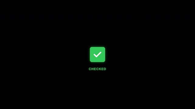Digital checkbox interface element transitioning between unchecked and checked states with green fill and white checkmark on black background for video overlay use