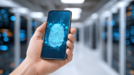 Hand holding smartphone with glowing biometric fingerprint scanner and data network background