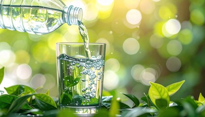 Clear water from a bottle being poured into a glass, with green leaves in the background