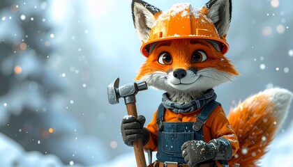 Cartoon fox in winter gear, wearing hardhat, holding hammer, smiling, snowy background