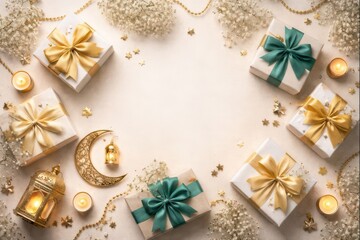 Gift boxes with gold and green ribbons on festive Eid background