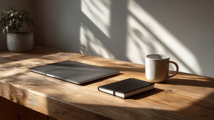Cozy workspace with laptop, notebook, and coffee on wooden desk