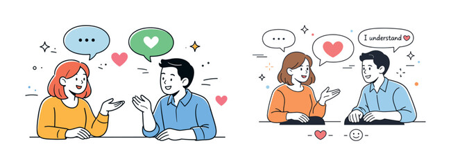 Young caucasian couple engaging in positive communication with speech bubbles and symbols