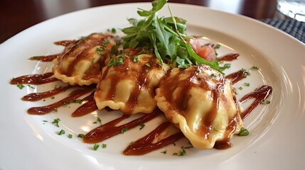 Three savory pierogi are plated elegantly with a rich balsamic glaze drizzle, topped with fresh chopped parsley, and accompanied by a side of vibrant arugula salad