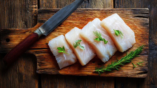 Fresh Raw Cod Loin Fillet Steaks on Wooden Board Butcher Style
