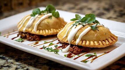 Empanadas are presented as a gourmet appetizer, filled with savory meat, drizzled with a rich cream sauce, and garnished with fresh herbs, offering a delightful culinary experience