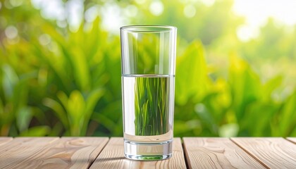 A glass of water sits on a wooden surface, with vibrant green foliage blurred in the background