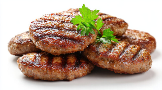 Isolated freshly grilled hamburger patties on a white background