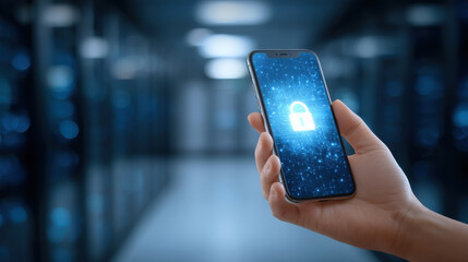 Secure smartphone lock screen with digital padlock and hand holding device in server room