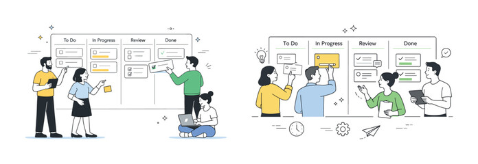 Diverse team collaborating on project with whiteboard workflow diagram