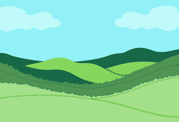 Obraz premium Colorful Abstract Landscape with Rolling Hills and Simplified Clouds in a Peaceful and Calming Artistic Style with Layered Green Shades