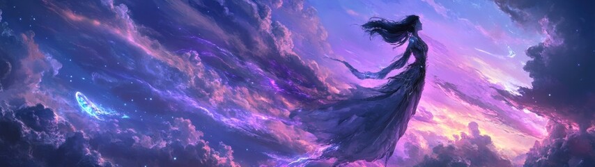 Ethereal Woman in Cosmic Nebula, Drifting Through Vibrant Purple and Pink Clouds with Celestial Glow