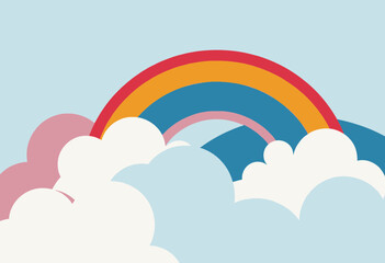 Colorful Rainbow Arcing Gracefully Over Fluffy White and Pastel Clouds in a Clear Blue Sky Creating a Cheerful and Uplifting Scene