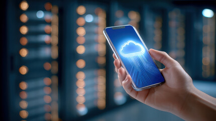 Cloud icon on smartphone screen with hand and server room lights in background showing connectivity and data transfer