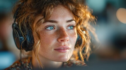 Naklejka premium Woman wearing headphones focused on screen with intent expression