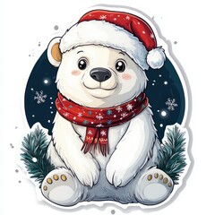 Watercolor Christmas cute clipart with a polar bear wearing a Christmas hat and red scarf