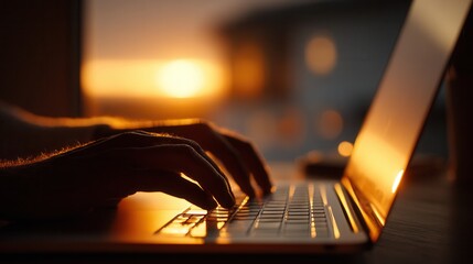 Person working on laptop during golden hour with beautiful sunset