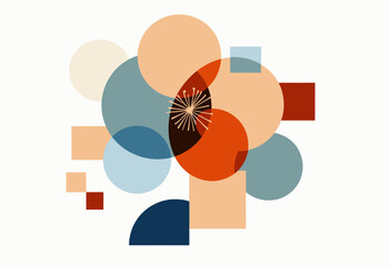 Colorful Geometric Abstract Art with Overlapping Circles and Squares Featuring Central Mandala Design