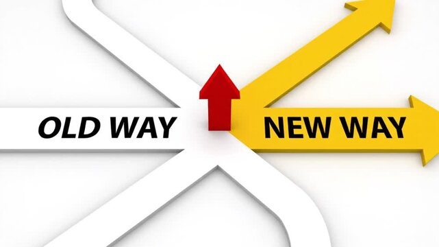 A video showcasing a new path forward with a yellow arrow pointing to the right Old vs New way change plan Footage