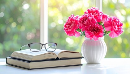 Bright still life open books, spectacles, and pink flowers in a white vase by a window