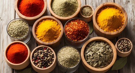 A diverse collection of colorful spices and herbs in wooden bowls, showcasing a variety of aromatic ingredients for culinary use, perfect for food blogs and recipes
