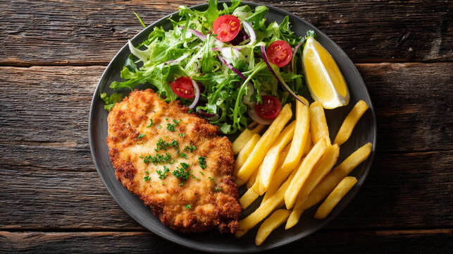 Natural wooden chicken schnitzel served with fries and salad