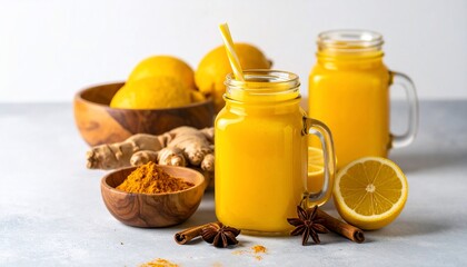 Bright yellow drinks with fruit, spices, and ingredients on a neutral backdrop