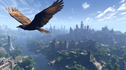 Majestic Eagle Soaring Over Ruined City, Fantasy Landscape, Dramatic Sky.