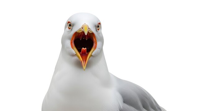 Close-up of a furious seagull with its beak wide open, revealing its red mouth and sharp teeth, capturing a moment of intense emotion and aggressive vocalization