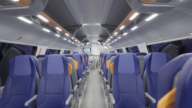 View of the empty upper deck cabin in a modern double decker train. Moving through the aisle of a two story railway carriage at night. Public transport journey to Venice Mestre station.