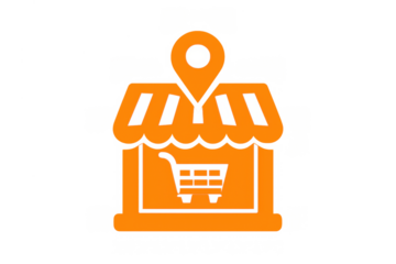 Orange store icon with location pin and shopping cart showing local business, retail marketplace, and e-commerce concept