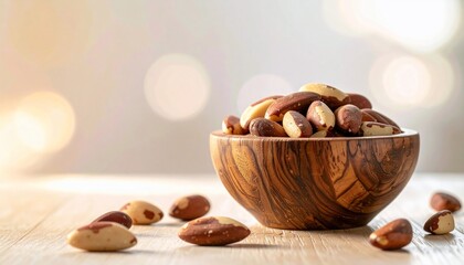Pile of shelled nuts in a wooden bowl on a light-colored wooden table