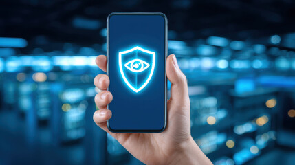 Hand holding smartphone with security shield and eye icon glowing in blue, data privacy concept