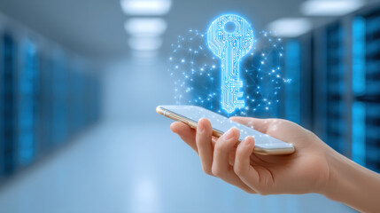 Hand holding smartphone with glowing digital key hologram symbolizing mobile security and data access in server room
