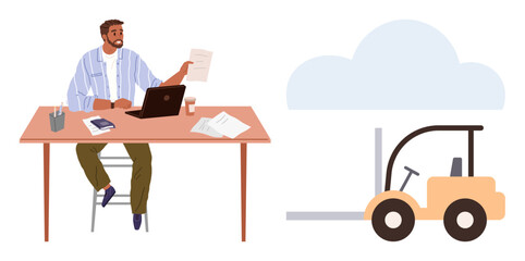Logistics management, cloud technology, warehouse operations, inventory solutions, digital transformation, supply chain optimization. Person analyzing paperwork with a forklift and cloud ion