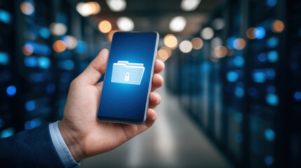 Secure mobile folder icon on smartphone held by hand in data center corridor with bokeh lights and server racks