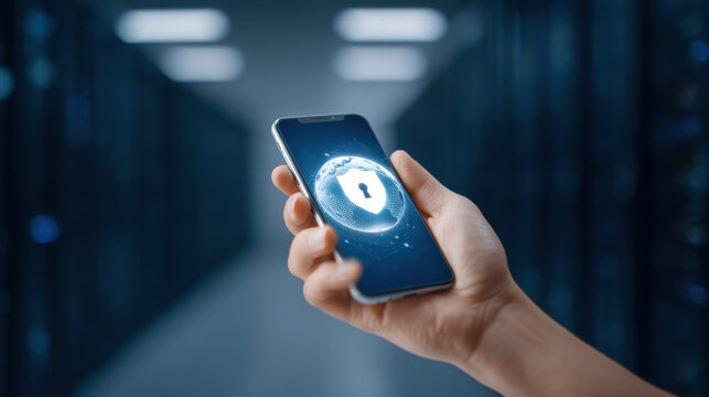 Secure smartphone with digital lock globe overlay held by hand in data center corridor, conveying protection and connectivity - Powered by Adobe