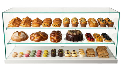 Display case of assorted pastries and desserts