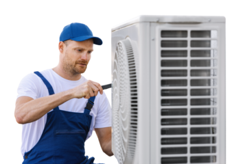 technician working on air conditioning or heat pump outdoor unit. HVAC service, maintenance and repair. isolated on white or transparent background