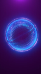 Glowing blue energy sphere surrounded by light trails and particles on a purple background, symbolizing futuristic power