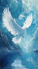 Majestic White Eagle Soars Above Serene Blue Waters Amidst Misty Mountains and Fleeting Feathers
