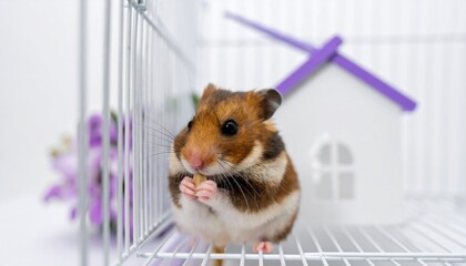 Hamster nibbling food inside a cage with a small house and purple flowers in the background