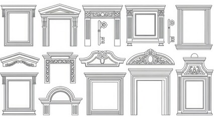 Architectural decorative elements for doors and windows line art design.