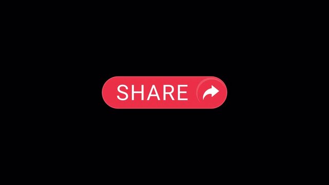 Animation of a YouTube share button with text and icon.  Isolated on a black background with an alpha channel.