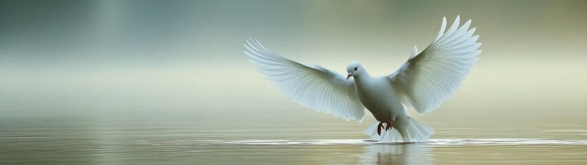 Panoramic: Pure White Dove Gracefully Landing on Tranquil Water, Wings Spread Wide, Symbolizing Peace and Freedom